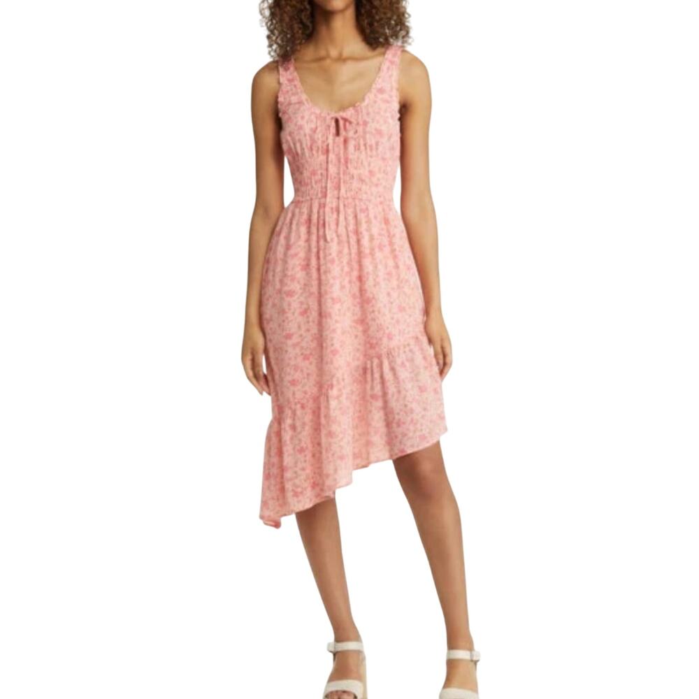 BP. Midi Dress Floral Smocked Waist Asymmetrical Ruffled Hem Pink W XXS NWOT
